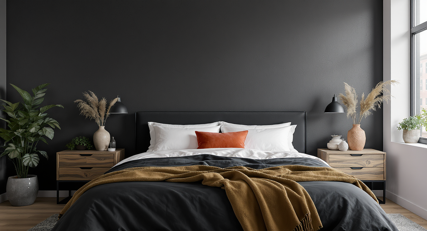 Modern industrial bedroom with a charcoal feature wall, monochrome bedding, and earthy accent decor, showcasing bold color layering.
