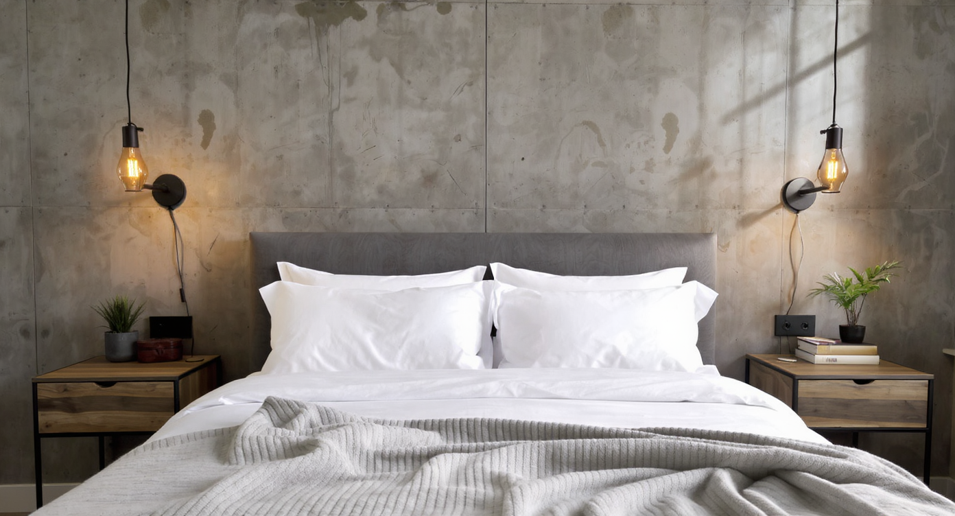 Modern industrial bedroom with off-center sculptural pendant light, minimalist dimmable sconces, and a balanced, luxurious minimalist design.