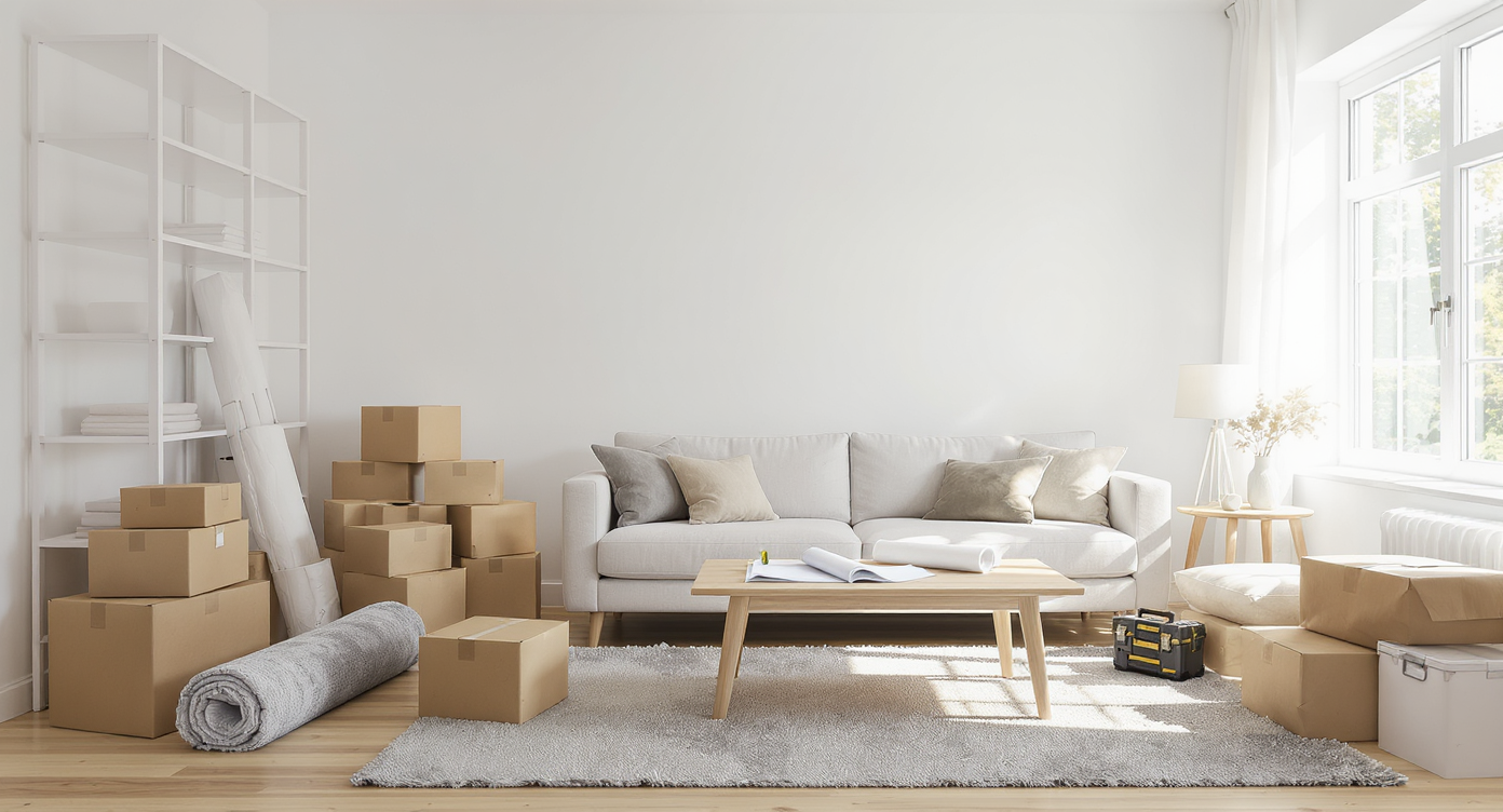 Photorealistic new living room with unpacked boxes, basic furniture, plans, and moving tools, ready to be set up after moving in.
