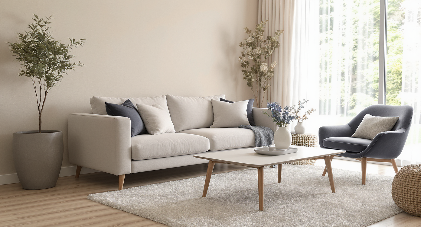 A realistic compact living room with a neutral loveseat, exposed legs, and coffee table spaced 18 inches apart amid clear, open pathways.