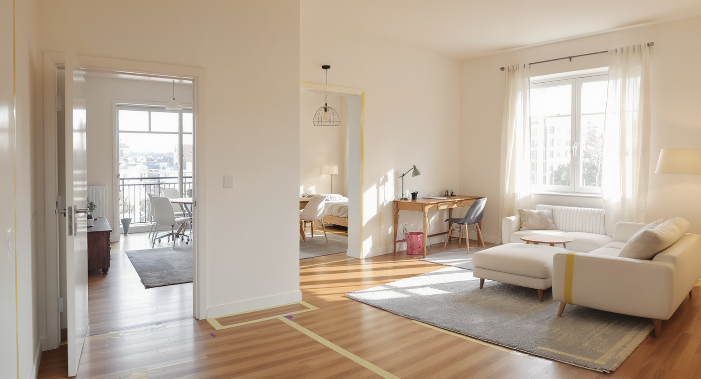 Unfurnished apartment divided into zones for living, dining, working, and sleeping using area rugs, tape lines, and lamps with natural light.