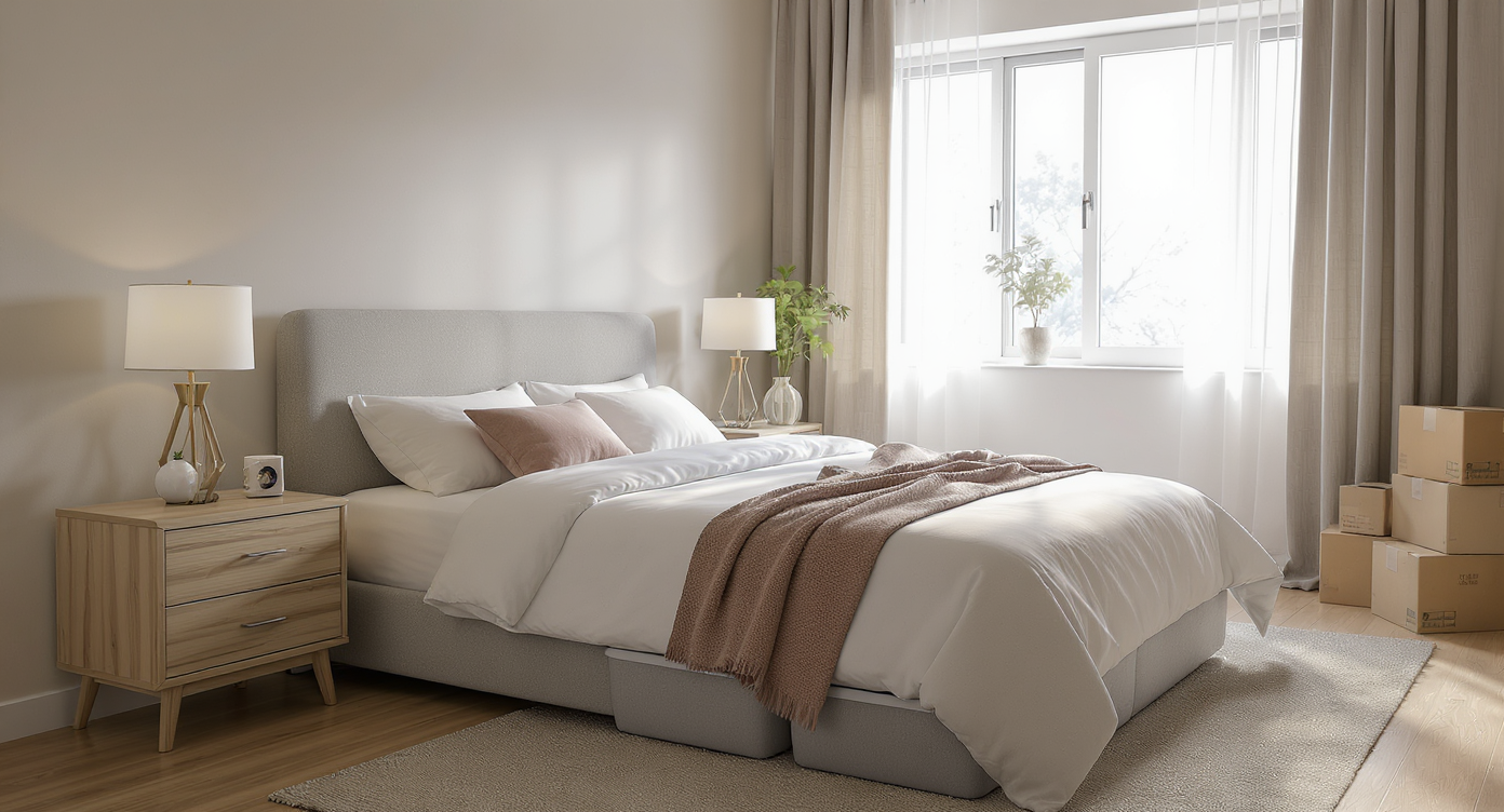 Photorealistic new bedroom setup featuring a bed placed for privacy, under-bed storage, slim dresser, minimal bedside table, and wall-mounted light.