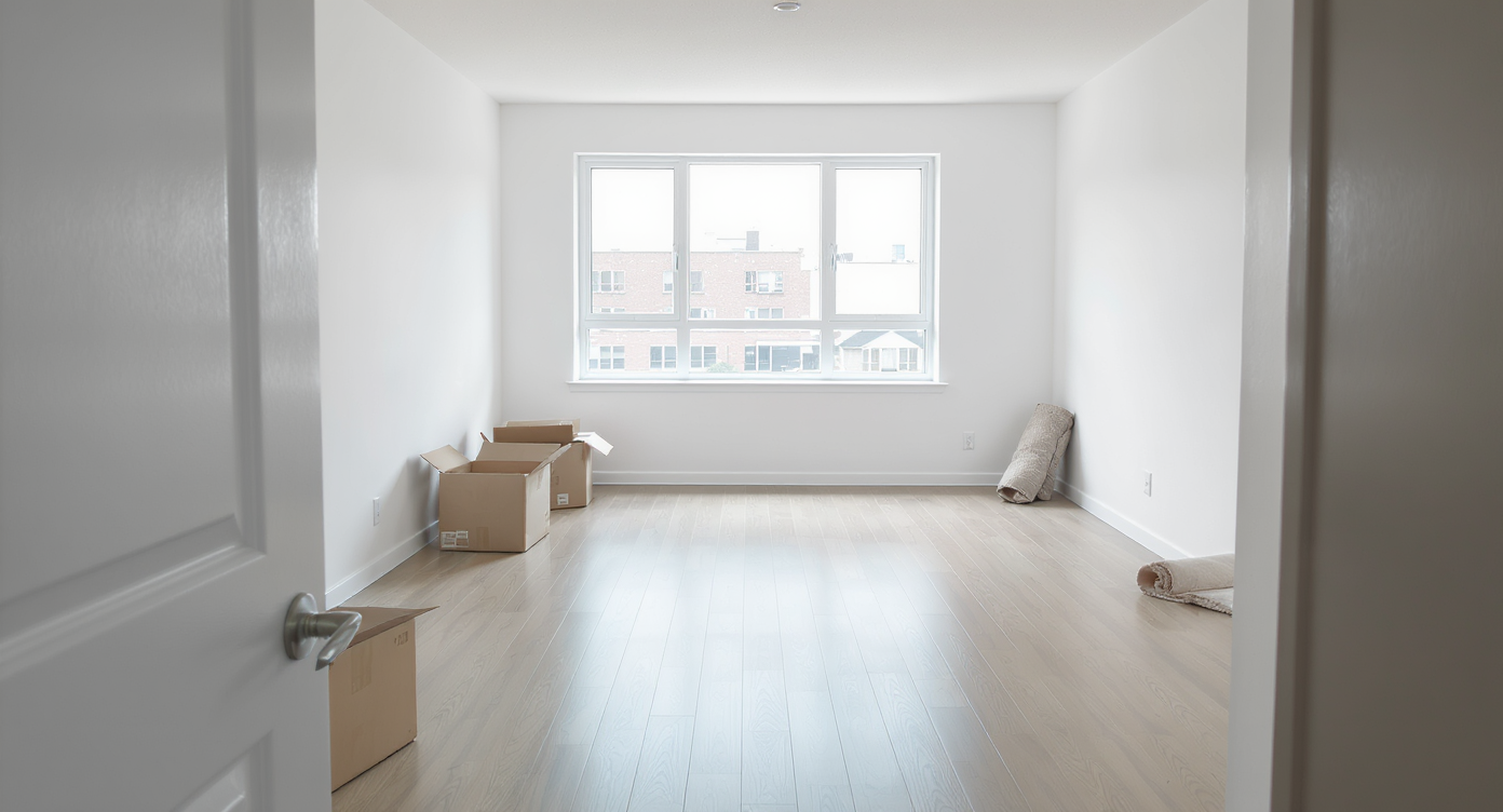 A spacious, unfurnished modern living room with white walls, wood floors, large windows, and a few unopened moving boxes suggesting a fresh move-in.