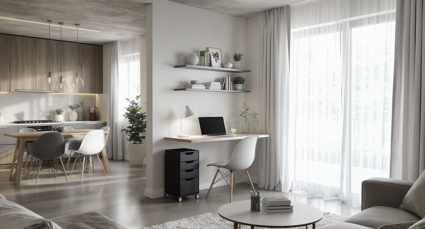 Photorealistic open-plan living room with a compact home office area. Desk sits near a bright window, rolling cart and shelves provide tidy, efficient storage.
