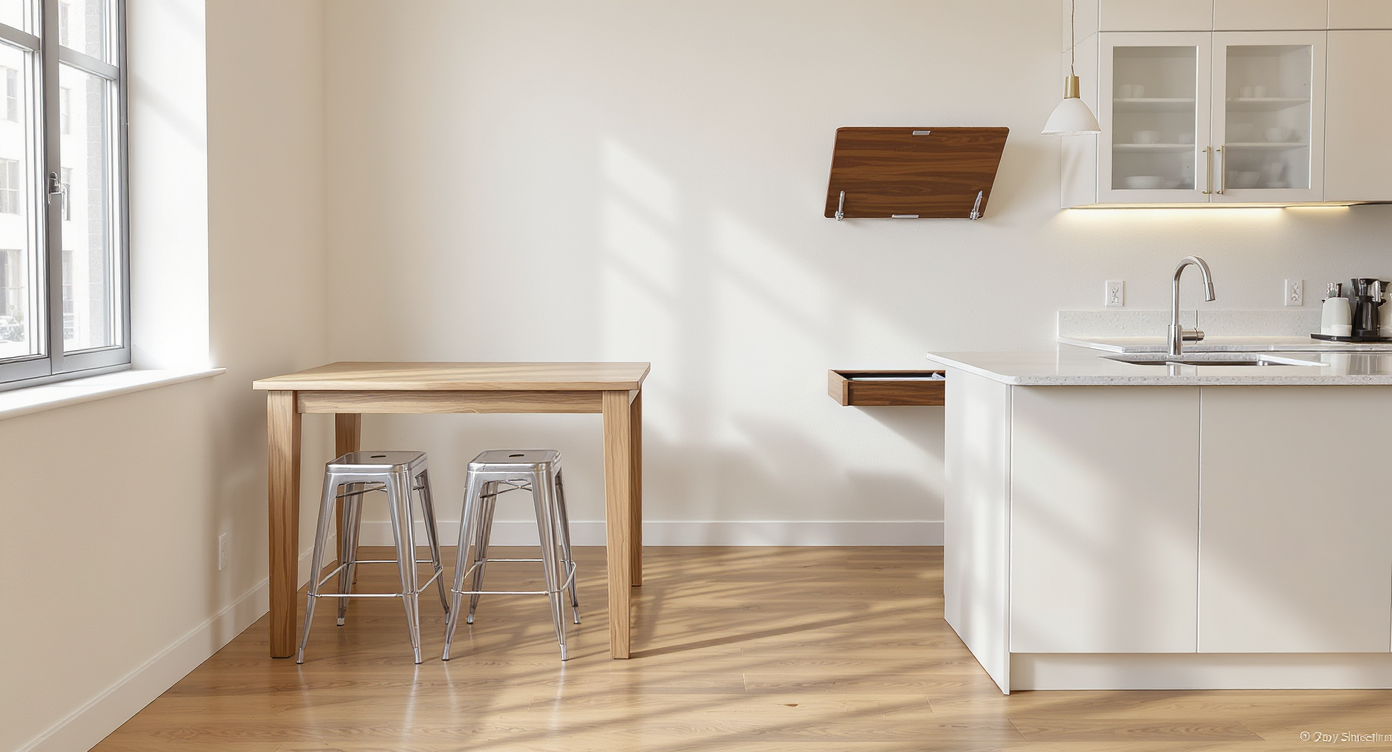 A compact dining area with a mobile kitchen island, counter-height table with stools, and a fold-down table, illustrating a flexible multipurpose setup.