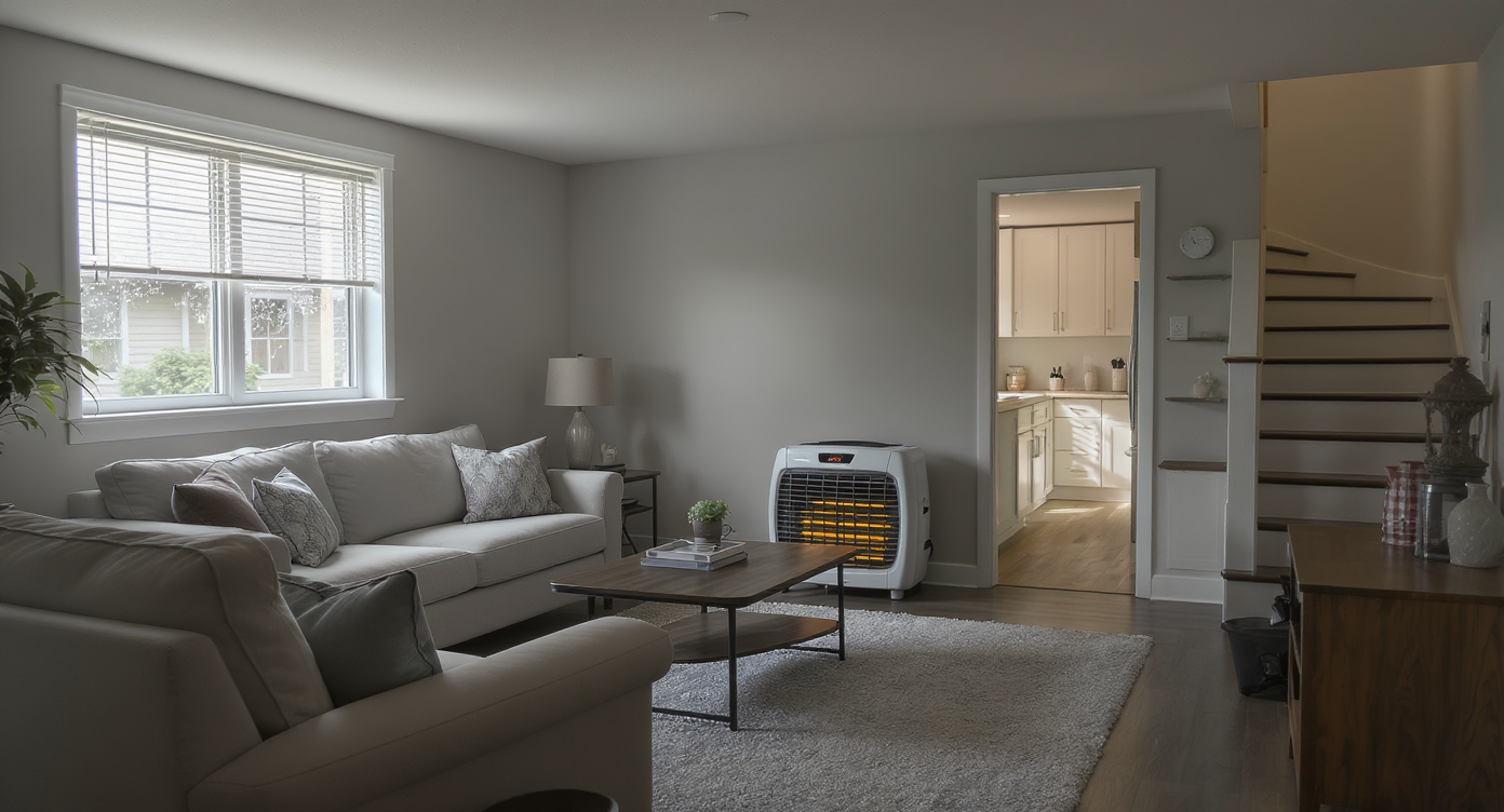A modern home interior with a chilly basement using a space heater, visible vents, and a sunny, stuffy upstairs room—illustrating HVAC issues.