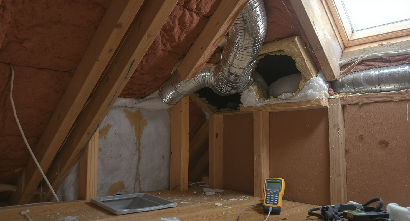 A realistic attic scene reveals exposed HVAC ductwork with a visible gap at a return vent, exposing a wall cavity. A dust-covered airflow meter sits near an open access hatch.