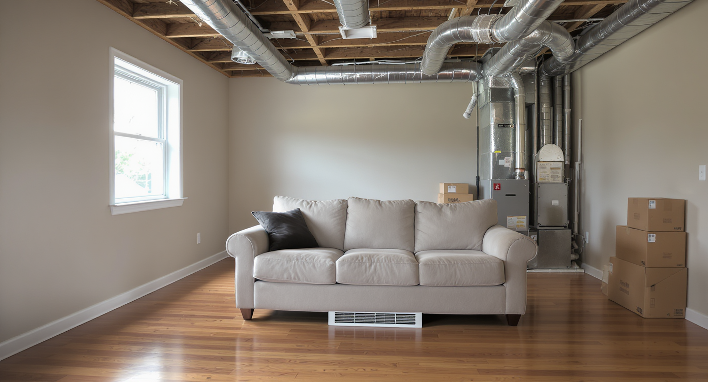 A realistic living room with a sofa blocking a floor vent, visible disconnected ductwork, and storage boxes near an HVAC unit in the background.
