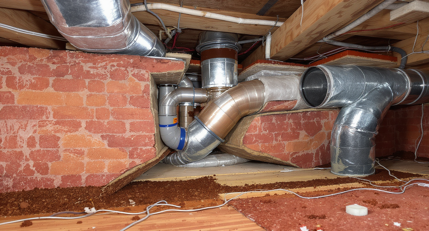 Cutaway of a home revealing HVAC mistakes—unsealed duct joints, misrouted returns, and a register venting to a void inside crawl space and attic.
