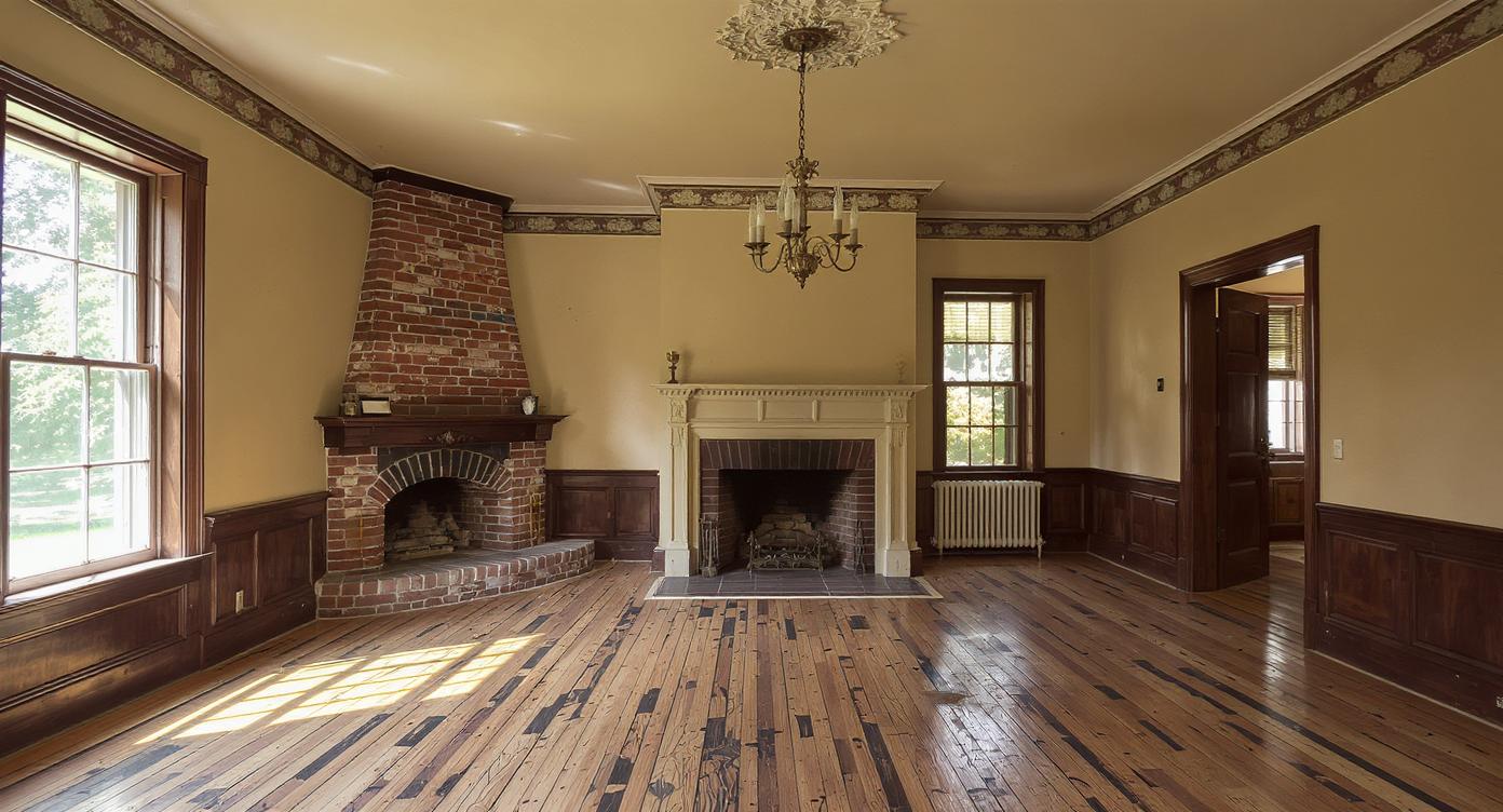 A sunlit historic Southern living room shows weathered pine floors, intricate crown moldings, exposed brick, and scattered renovation tools in an authentic, partially restored state.