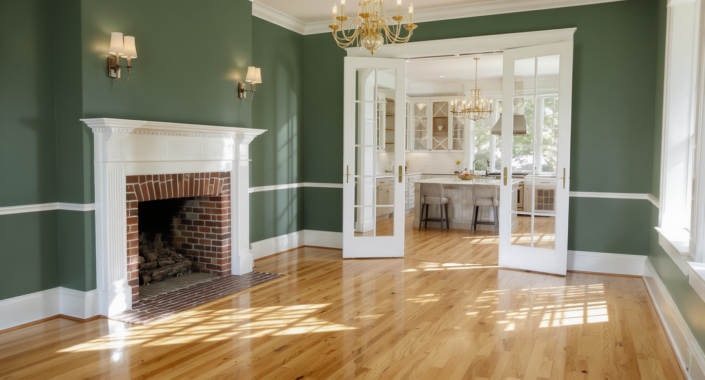 A sunlit parlor with aged pine floors, jewel-toned walls, white trim, original fireplace, and arched doors leading to a polished farmhouse kitchen.