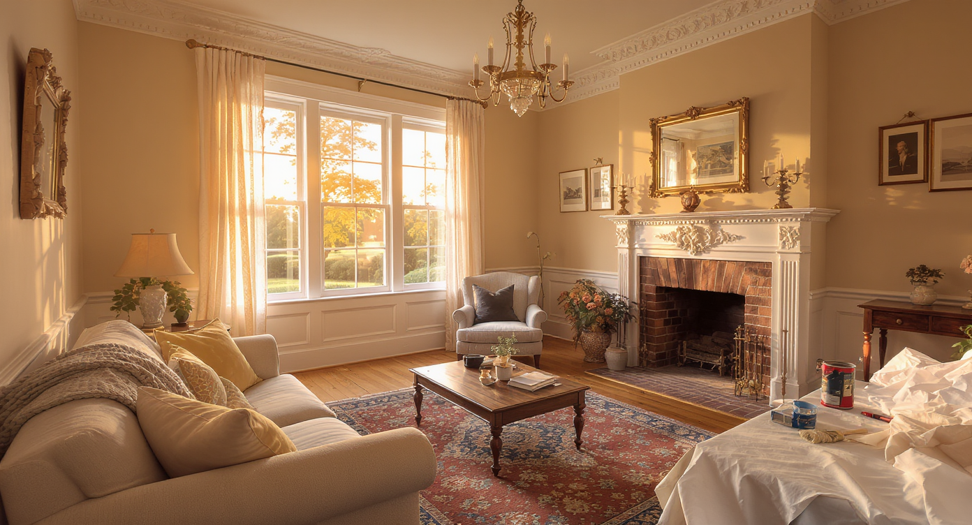 A sunlit renovated historic Southern living room with preserved woodwork, original fireplace, modern furnishings, and restoration tools by the window.