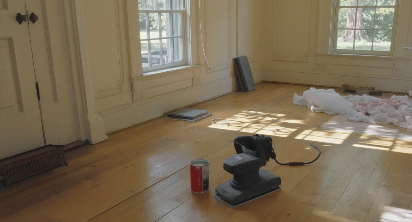 A realistic Southern living room with sunlit, partially sanded original wood floors, antique trim, and renovation tools arranged neatly—no people present.