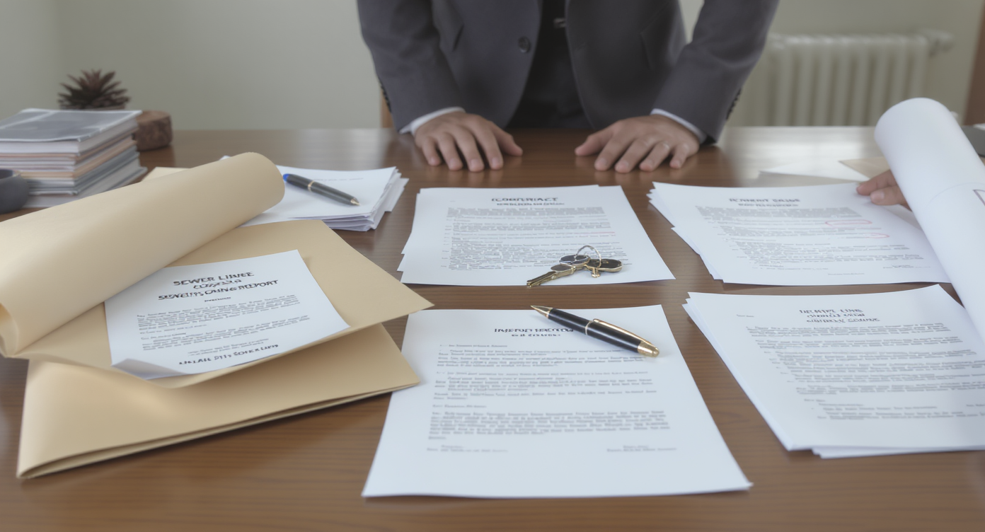 A closing table with sewer scope report, inspection paperwork, keys, and a highlighted contract clause, showing the reality of real estate negotiation disputes over plumbing inspections.