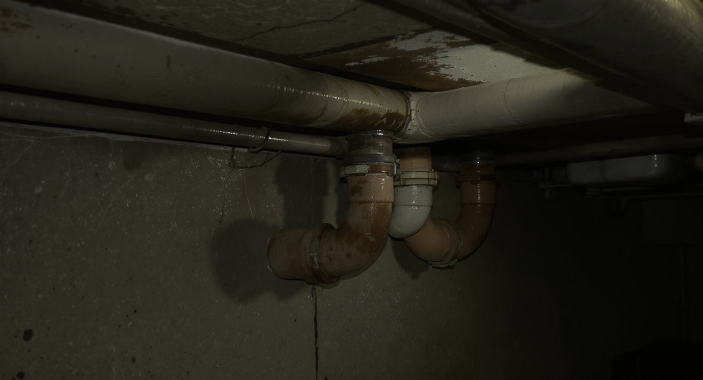 Close-up of old terra-cotta and cast iron sewer pipes in a basement, showing root intrusion and corrosion, with an inspection camera inserted.