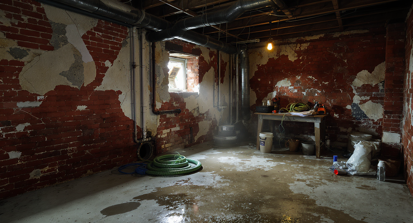 Realistic basement of an old house with exposed brick, aging sewer pipes, a plumbing camera snake, and paperwork ready for a sewer inspection.