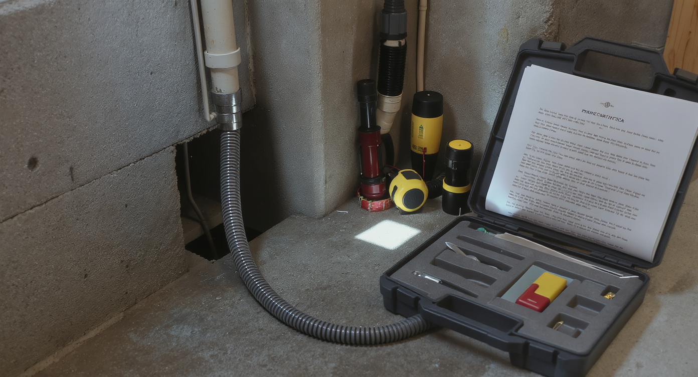 A basement setup shows a sewer inspection camera in use at a pipe cleanout, with tools and paperwork nearby for a realistic inspection scene.