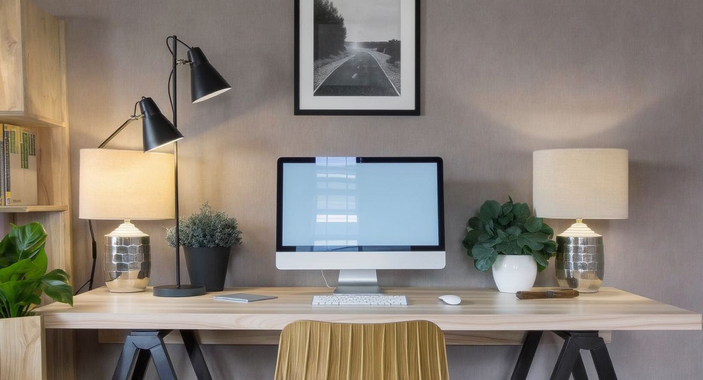 Photorealistic home office workspace with a computer showing a 3D house floorplan and plumbing analysis, plus warranty papers and tools.