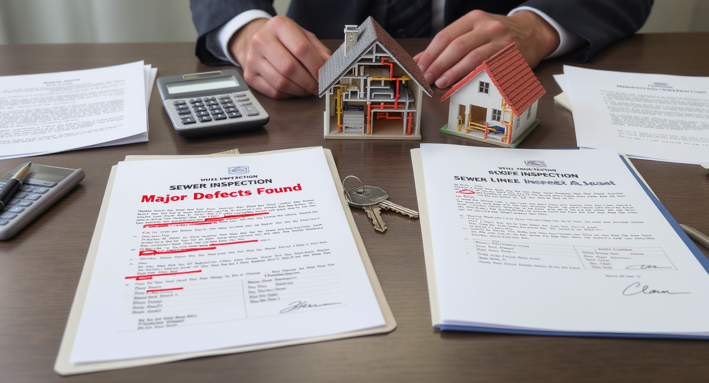A closing table shows two folders labeled for sewer inspection results—one with major defects, repair estimates, and one clean—alongside a house model with exposed pipes, calculator, and contract.