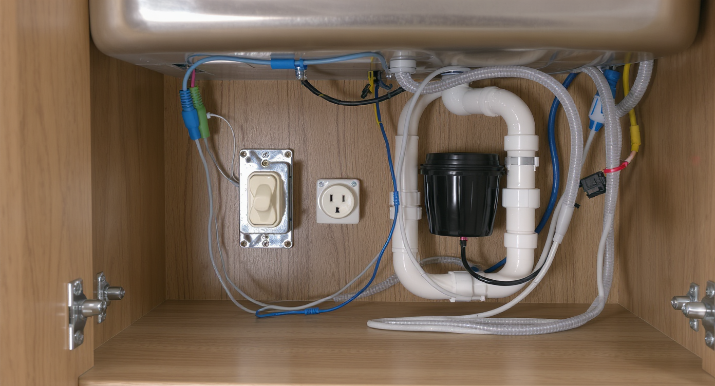 Properly wired electrical box with dedicated outlets for dishwasher and garbage disposal, installed inside a kitchen cabinet under a sink.