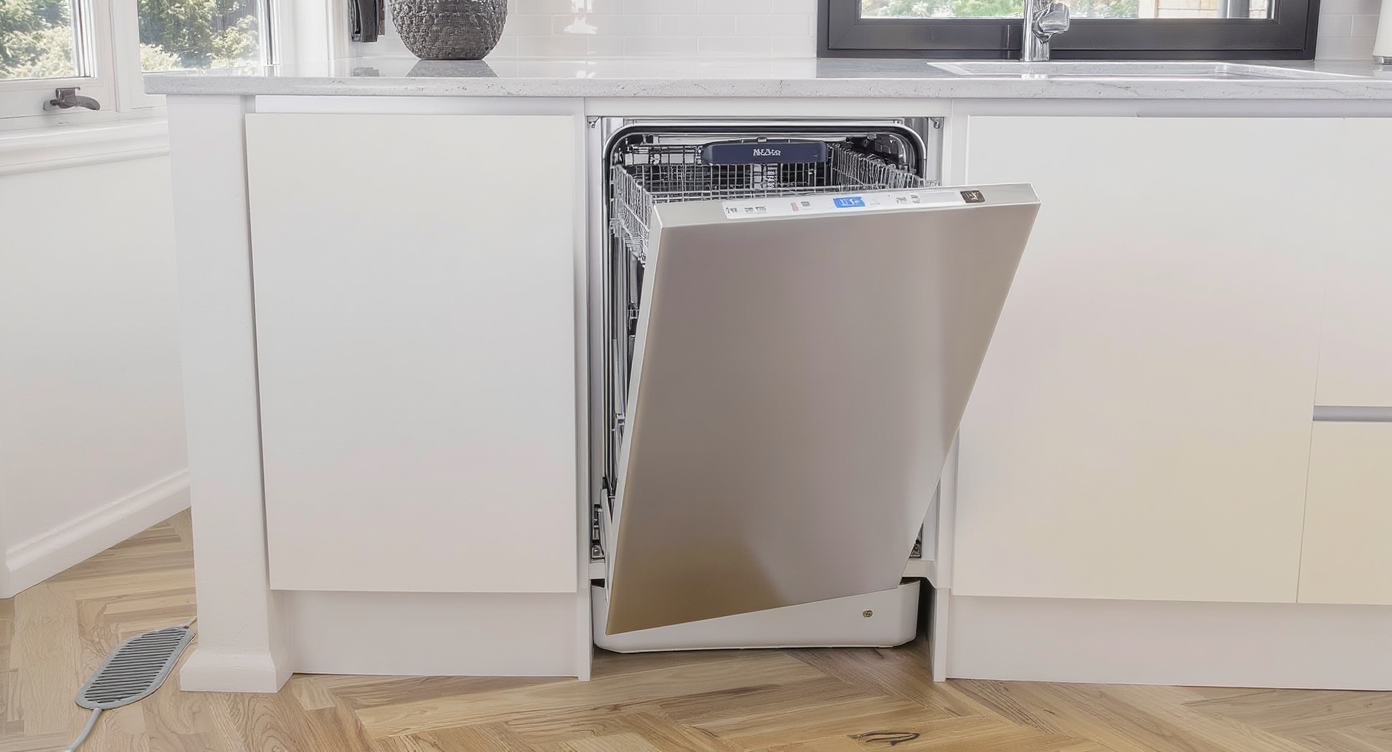 Modern kitchen with ample space for dishwasher installation, accessible electrical outlet, protected wiring, and open maneuvering area.