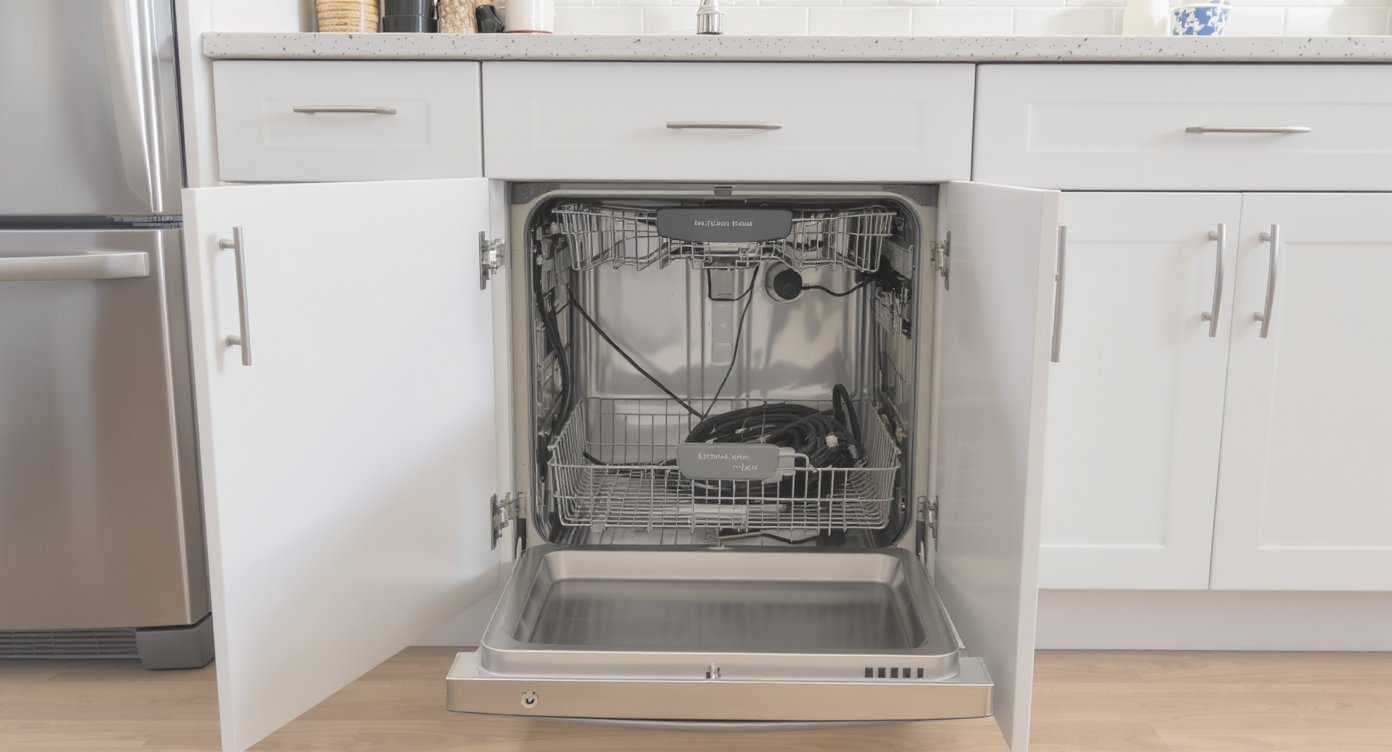 Modern kitchen retrofit showing new cabinetry, a partially installed dishwasher, and a code-compliant GFCI outlet with concealed wiring.
