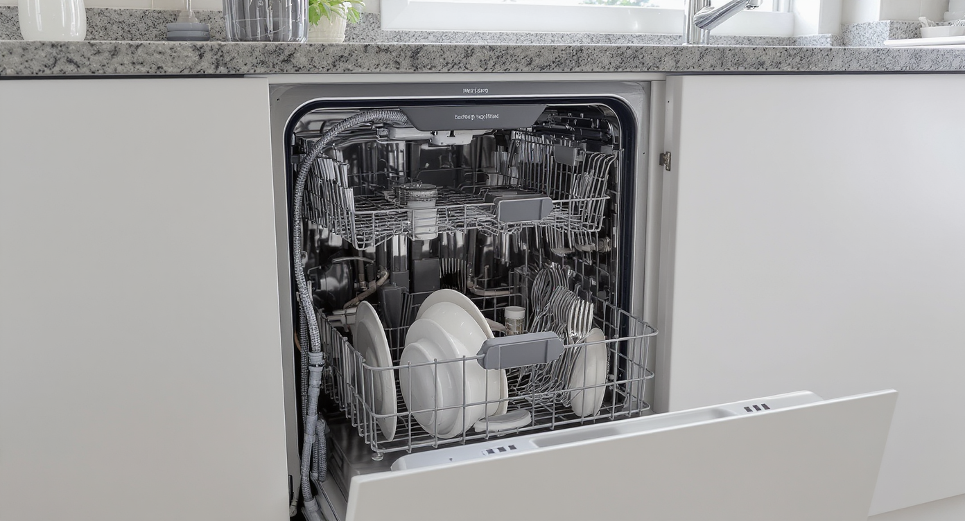 Modern kitchen showcasing a partially installed built-in dishwasher with correctly connected water line, drain hose, and electrical hookup.