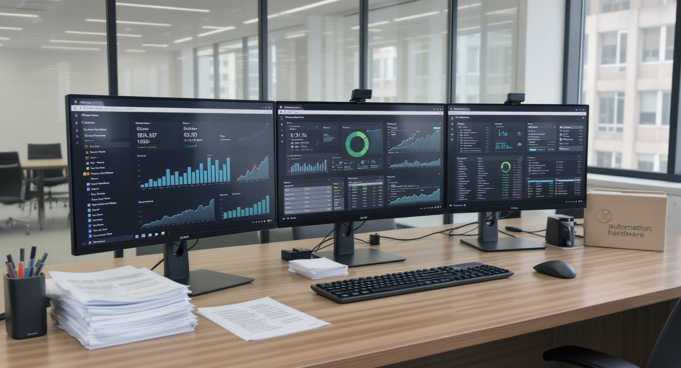 A modern office desk with monitors showing CRE analytics software, paper reports, and automation hardware in a bright glass-walled workspace.
