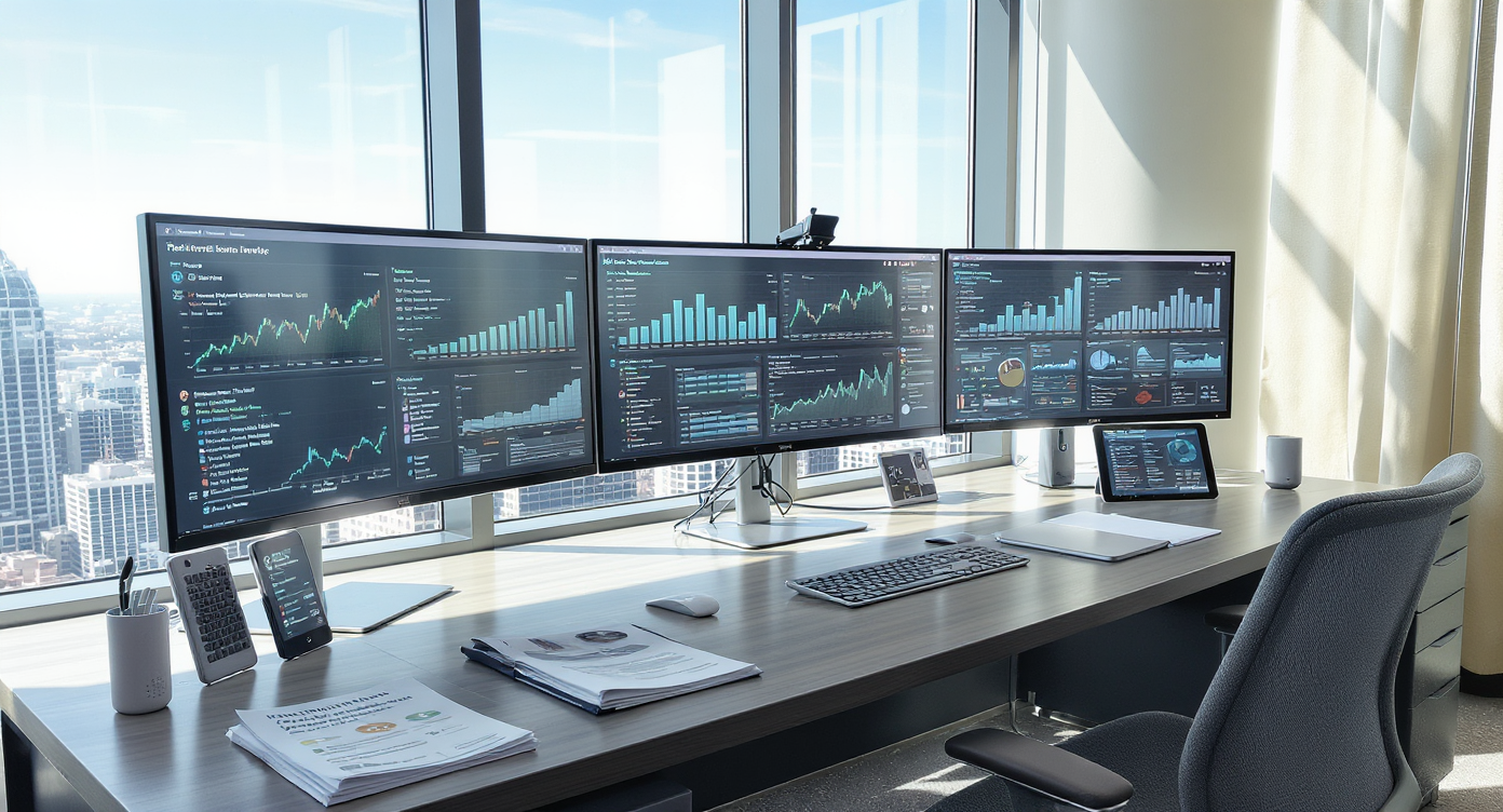 A contemporary analyst's desk in a high-rise office with large monitors showing market analytics, AI tools, and property dashboards, city skyline visible.