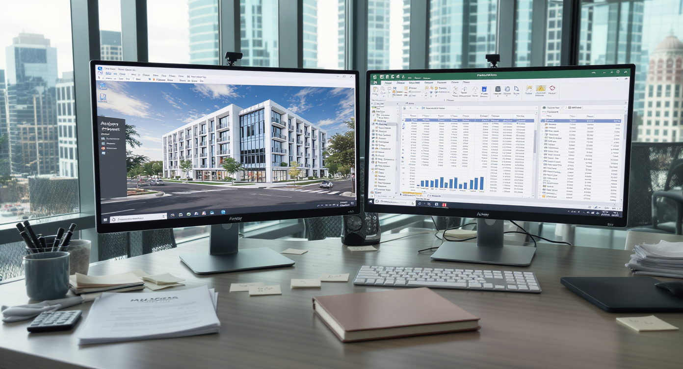 A photorealistic CRE analyst’s office desk with monitors showing a property visual and financial model, surrounded by real estate paperwork and analysis tools.