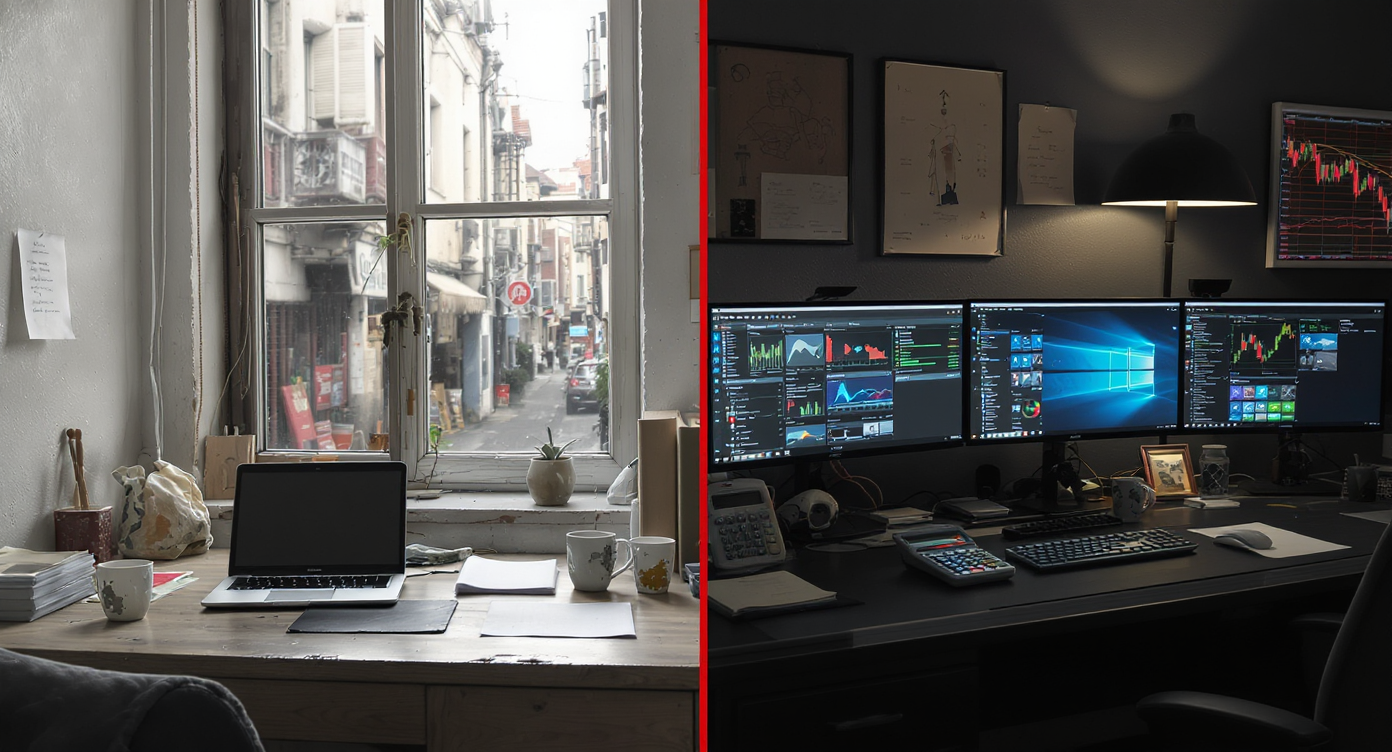Two contrasting analyst workspaces in different offices, side by side, highlighting disparities in environment and resources as described.
