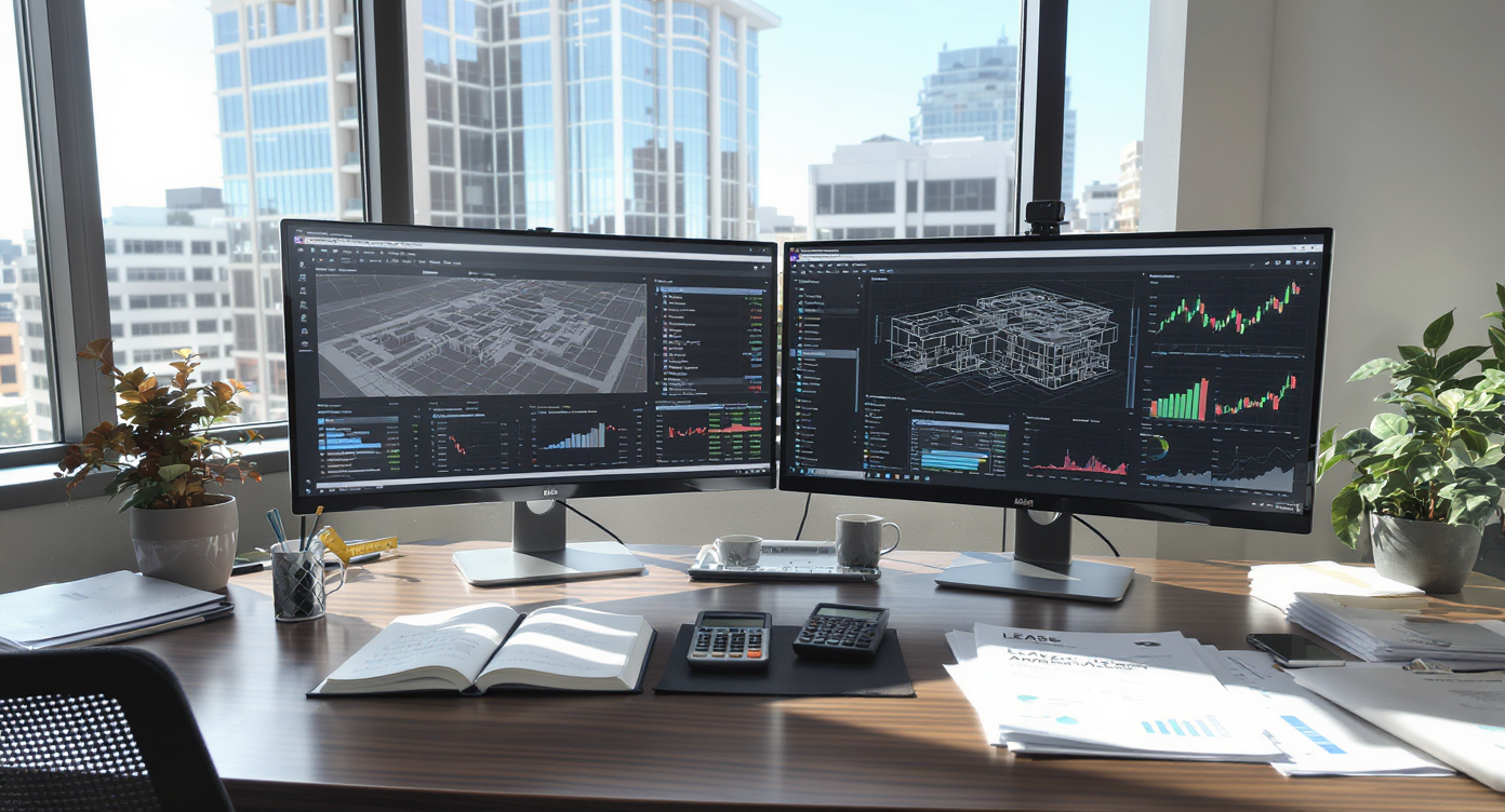 A realistic CRE analyst’s desk with monitors showing spreadsheets, property plans, market data, and real documents, overlooking urban office buildings.