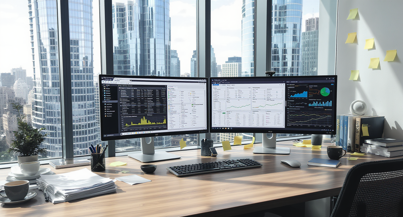 A modern CRE analyst workspace with dual monitors, financial reports, calculators, and property reference books, overlooking a city skyline.