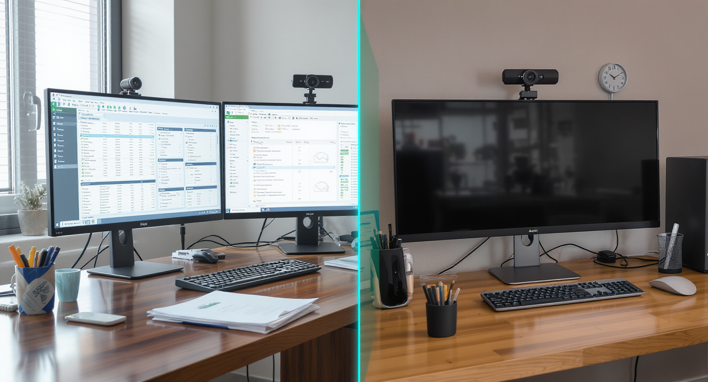 Two distinct workstations—a modern U.S. office and an international home office—showing similar analyst setups, spreadsheets, and remote tech, side by side.