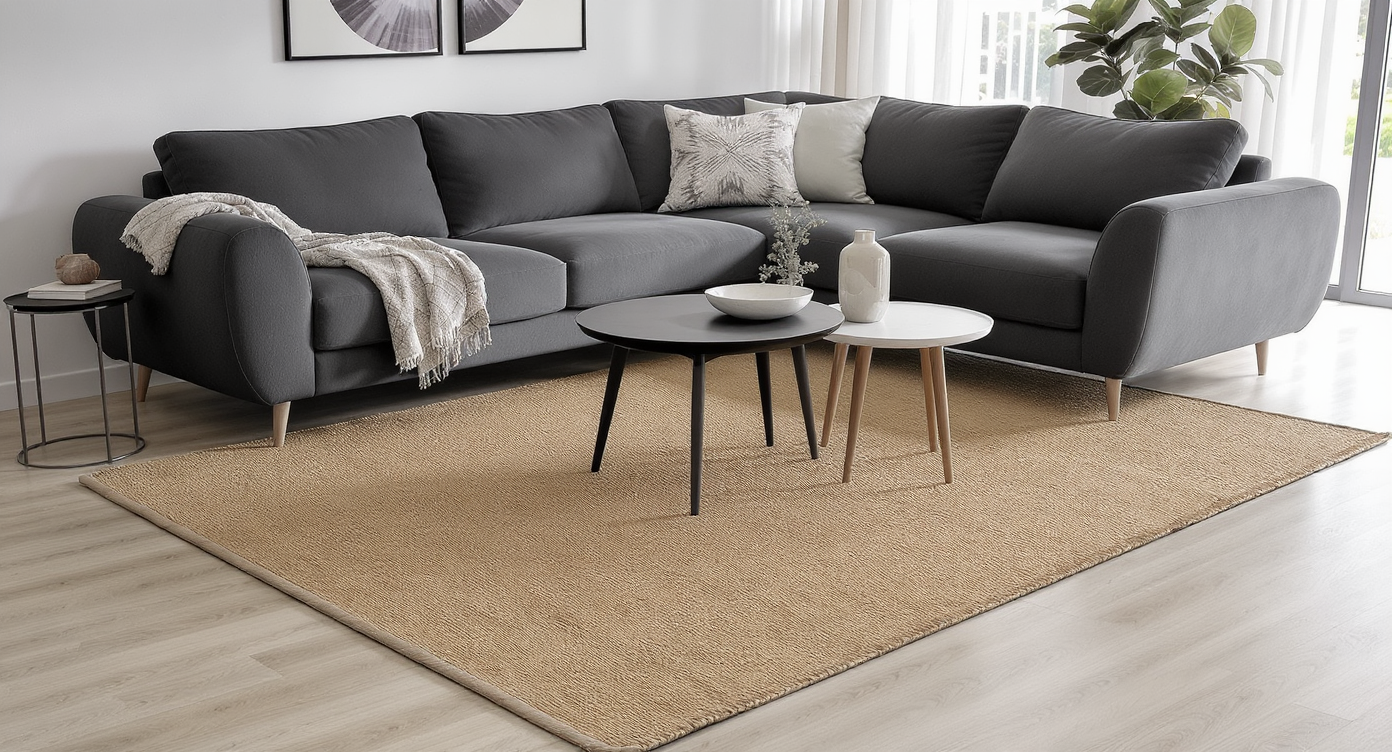 A photorealistic modern open living room with a properly sized rug anchoring a sofa, coffee table, and accent tables, showing balanced furniture scale.