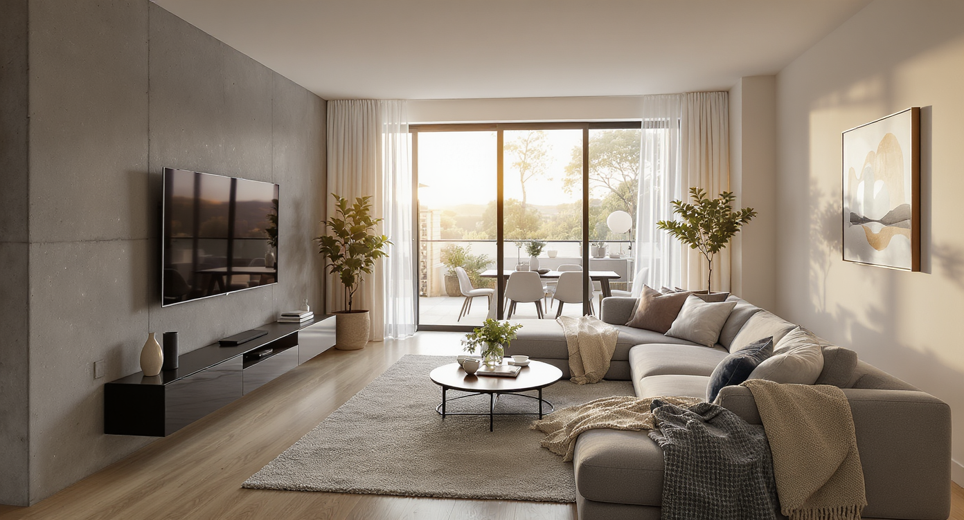 Photorealistic open-concept living room showing TV placement on a dividing wall, modular sofa, and seamless transition to dining and kitchen areas.