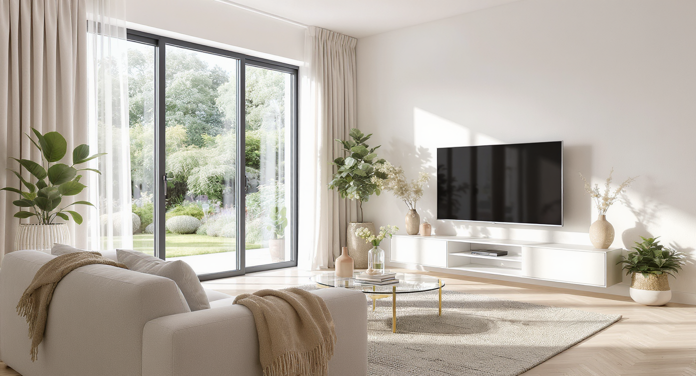 Open living room with expansive windows, a sofa facing a large TV on a mobile stand, and transparent furniture preserving outside views.