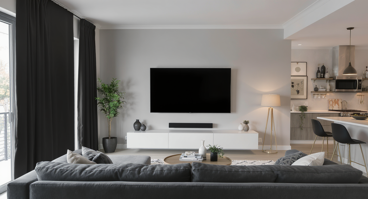 Open-concept living room with TV as focal point on a solid wall, balanced seating, blackout curtain, and a secondary focal point like art or bookshelf.