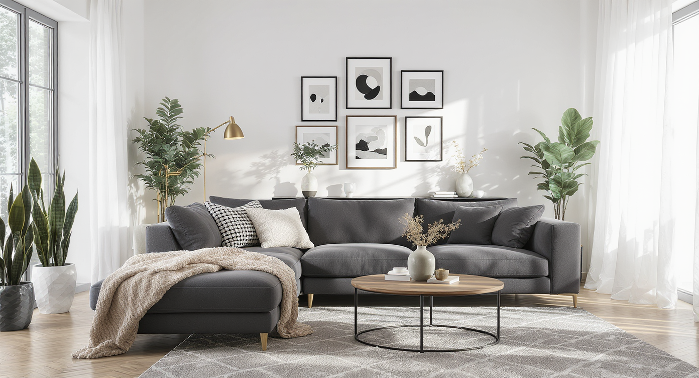 Layered open-concept living room with coordinated lighting zones, plants, art, and soft tactile accents, creating a cozy, cohesive decor.