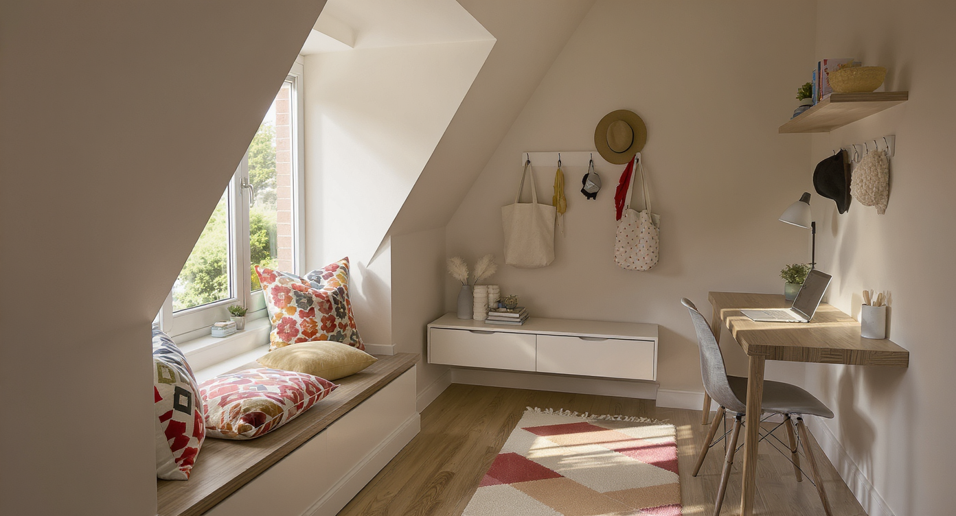 A window alcove with colorful cushions and books, a tidy entry vestibule with storage bench and hooks, and a home office with a floating desk.