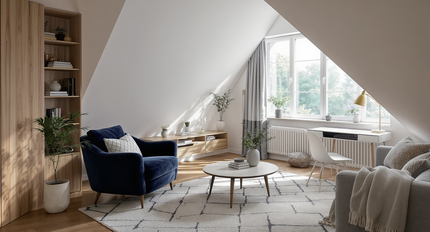 A bright, compact sitting area with a plush chair on a rug, slim bookshelf, small desk by a window, and floor lamp in an angled corner.