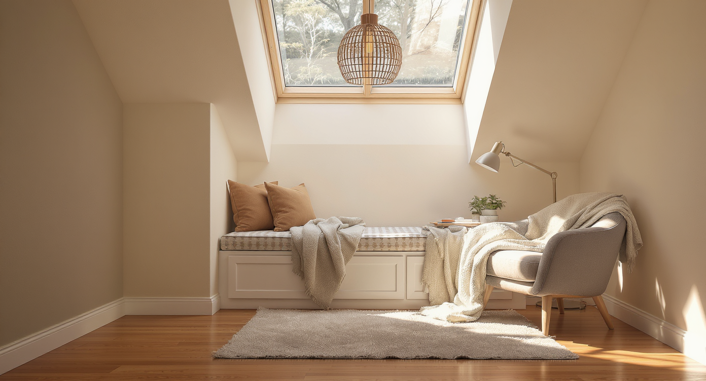 A window nook with thick seat cushion, layered rugs, cozy throws, pendant light, reading lamp, and skylight illuminating the intimate space.