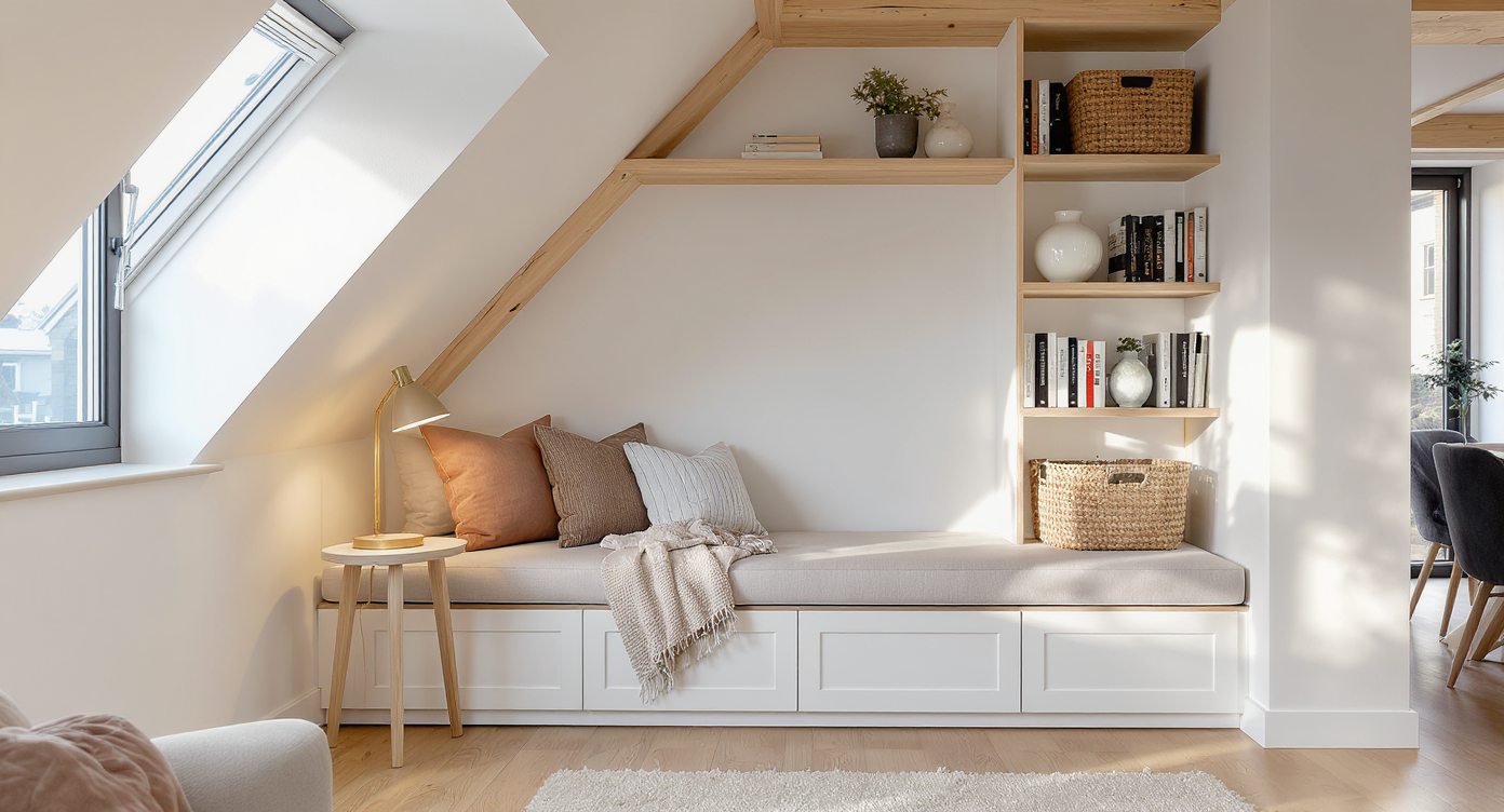 A stylish attic nook with a built-in bench and bookshelves under slanted ceilings, showcasing how to transform awkward home layouts.