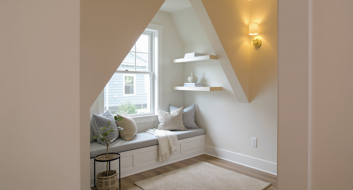 A photorealistic home interior shows a tricky corner nook converted with a built-in bench, floating shelves, and cozy details in daylight.