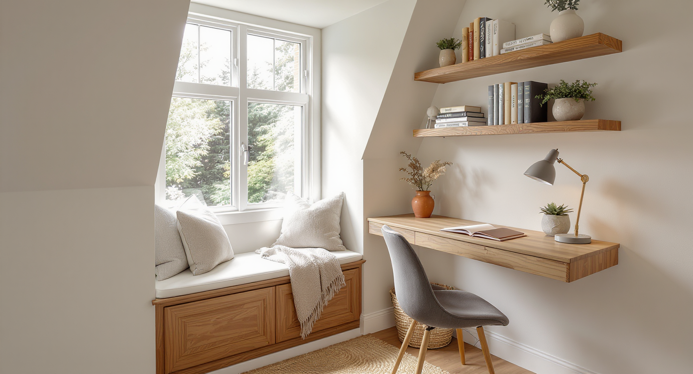 A bright staircase landing reimagined as a cozy nook with a built-in window bench, compact desk, floating shelves, and soft natural textures.