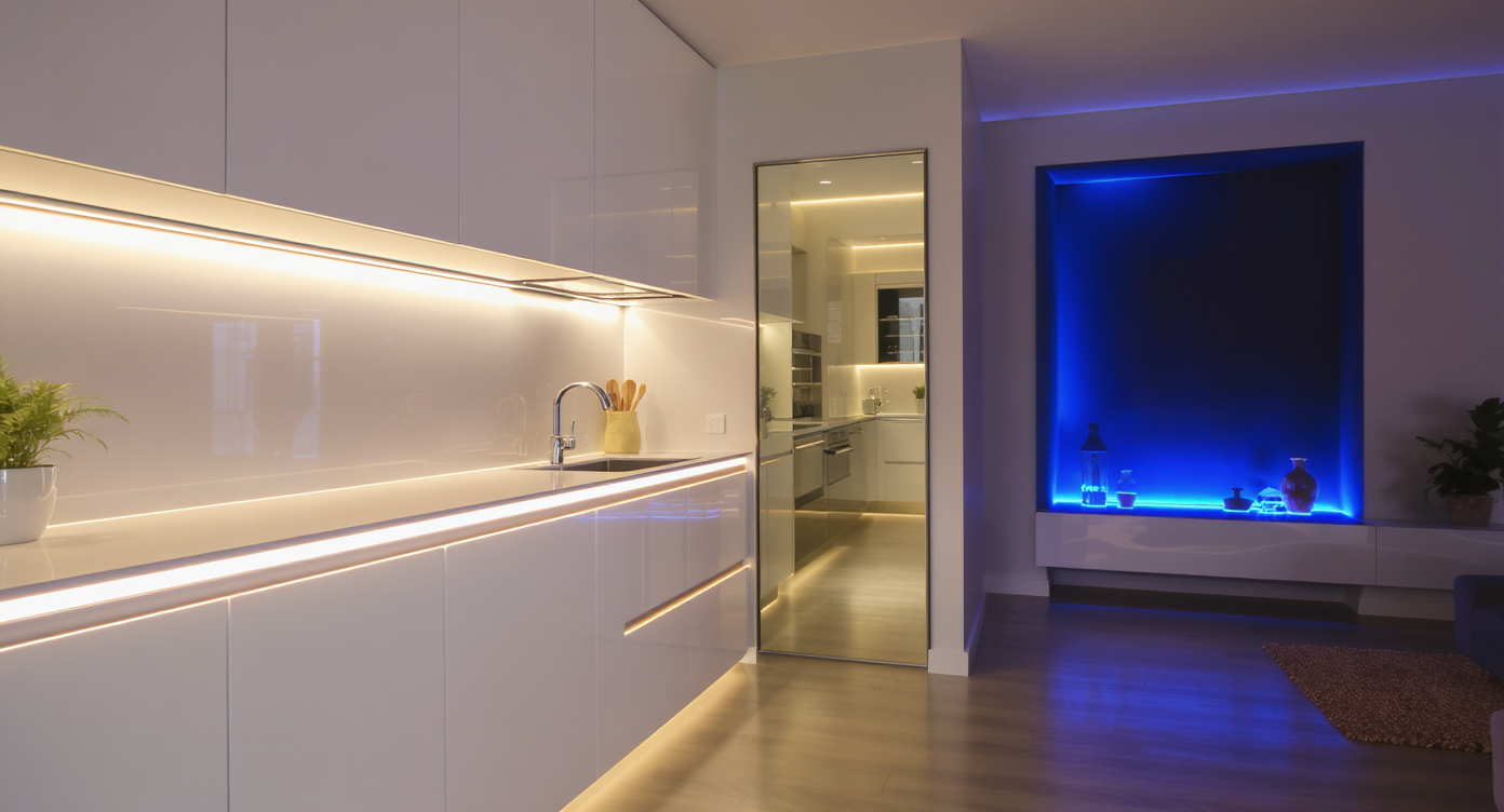 Photorealistic modern kitchen with soft white LED strips under cabinets and a dramatic blue LED accent in an adjacent living space.