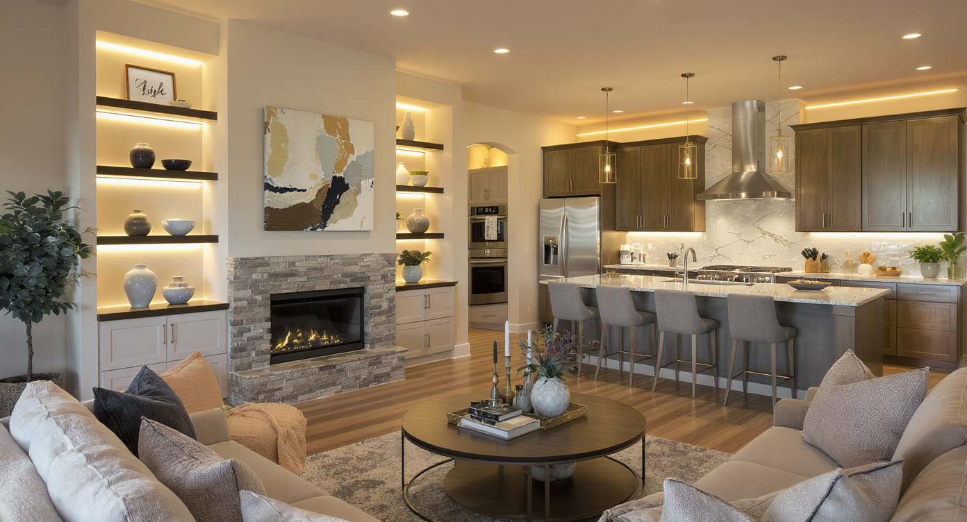 Contemporary living room and kitchen with subtle LED accent lighting on shelves and under cabinets, baseboards left unlit for timeless appeal.