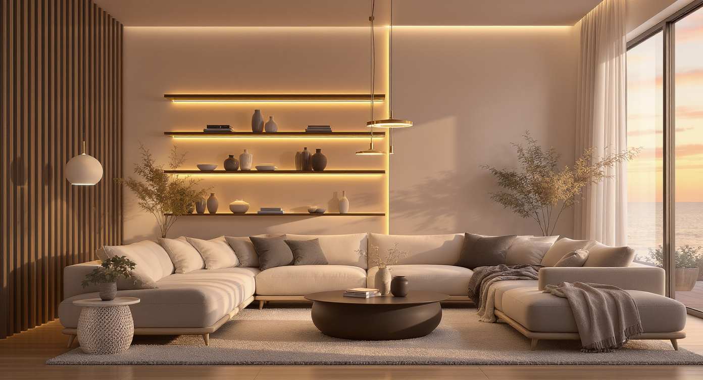 Contemporary living room at sunset with warm recessed LED lighting, floating shelves showcasing ceramics highlighted by soft amber LED strips.