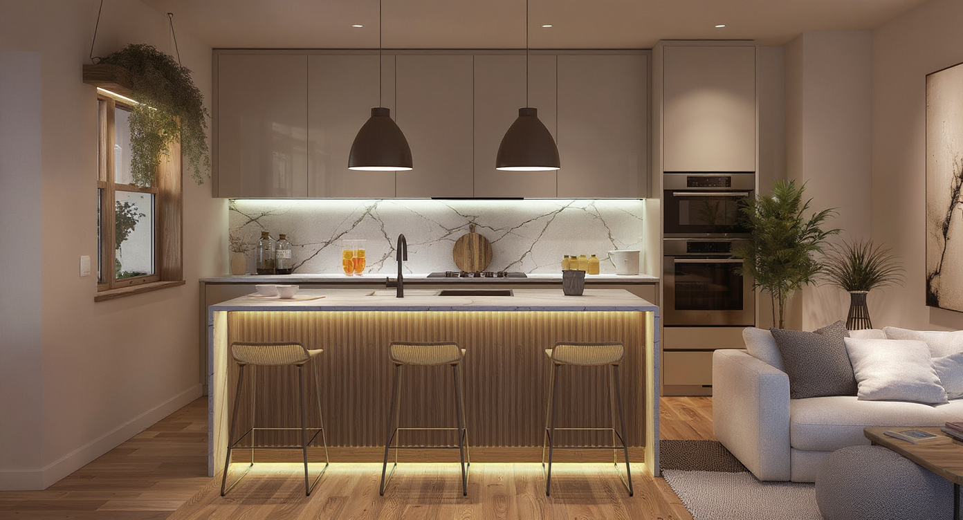 Photorealistic modern home section showing layered LED lighting: warm under-cabinet kitchen lights, glass-front cabinet accent LEDs, and soft toe-kick lights.