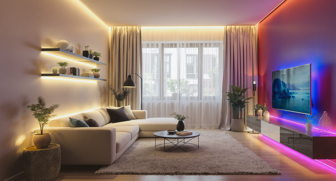 Modern living room with layered warm lighting, LED accents in shelves and corners, tunable bulbs, and dimmers, no humans present.